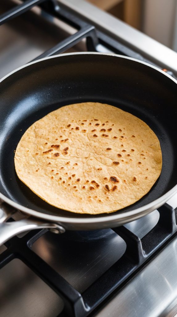 corn tortillas warming in a dry pan, one starting to puff and brown slightly
