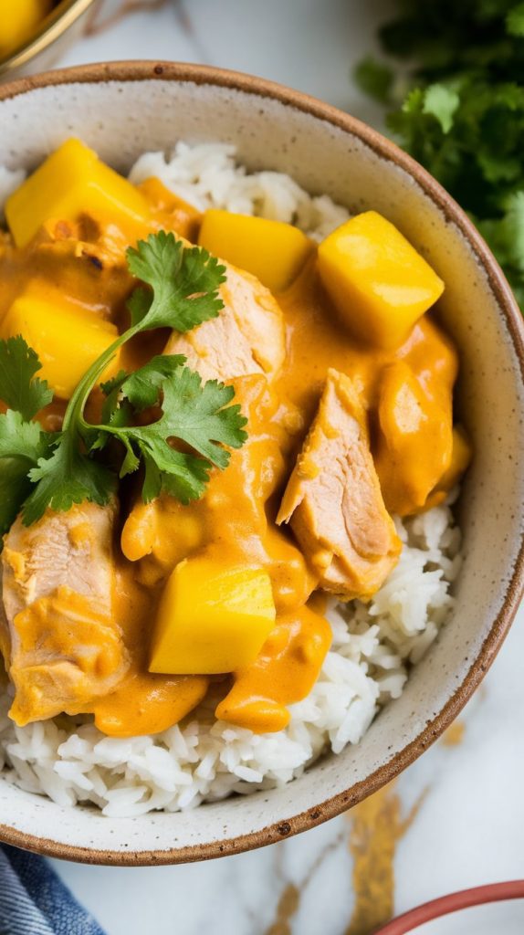 a serving bowl filled with fluffy white rice topped with creamy mango chicken curry, juicy chunks visible