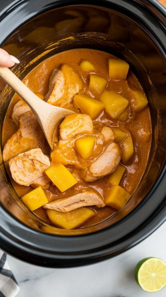 a wooden spoon stirring fresh lime juice into the thick, orange mango chicken curry, showing glossy chunks of chicken and mango
