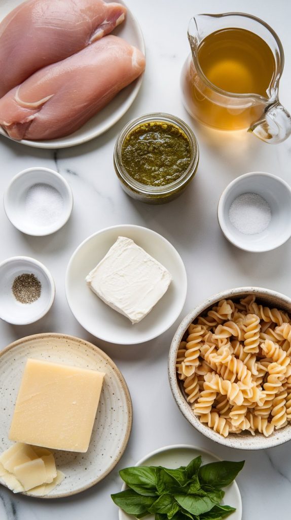 all ingredients laid out on a white marble counter with hints of gold: raw boneless skinless chicken breasts, a glass jar of basil pesto, cubed cream cheese, a glass measuring cup with chicken broth