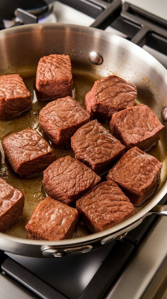 browned beef chuck cubes sizzling in a skillet, juices searing the edges, golden crust forming
