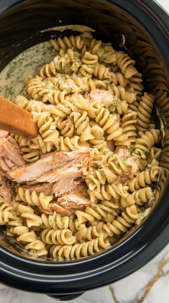 cooked rotini pasta being stirred into creamy shredded chicken pesto sauce, parmesan melting in