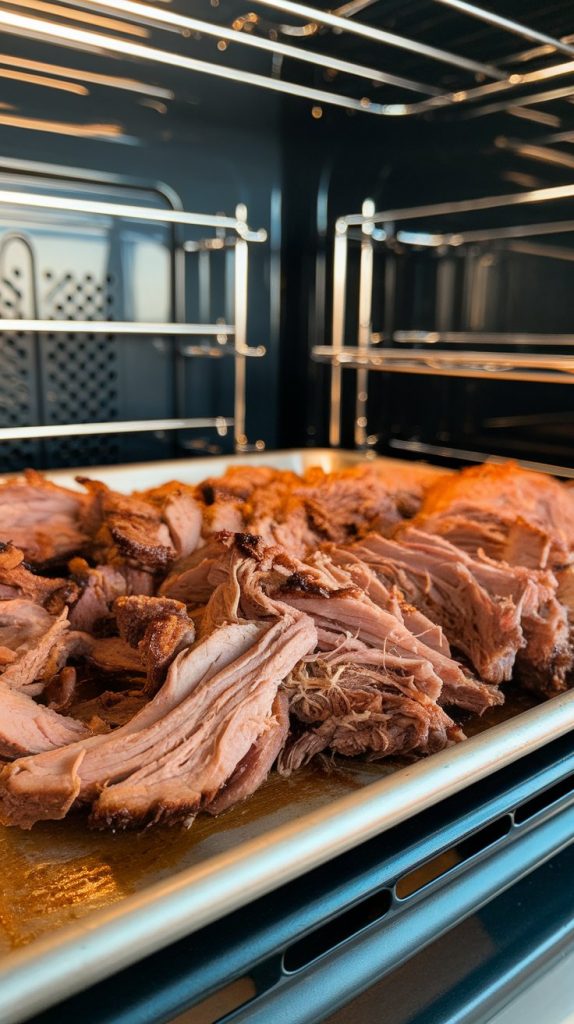 shredded pork on a baking sheet with golden crispy edges forming, juices bubbling slightly, under the broiler in a modern stainless steel double oven