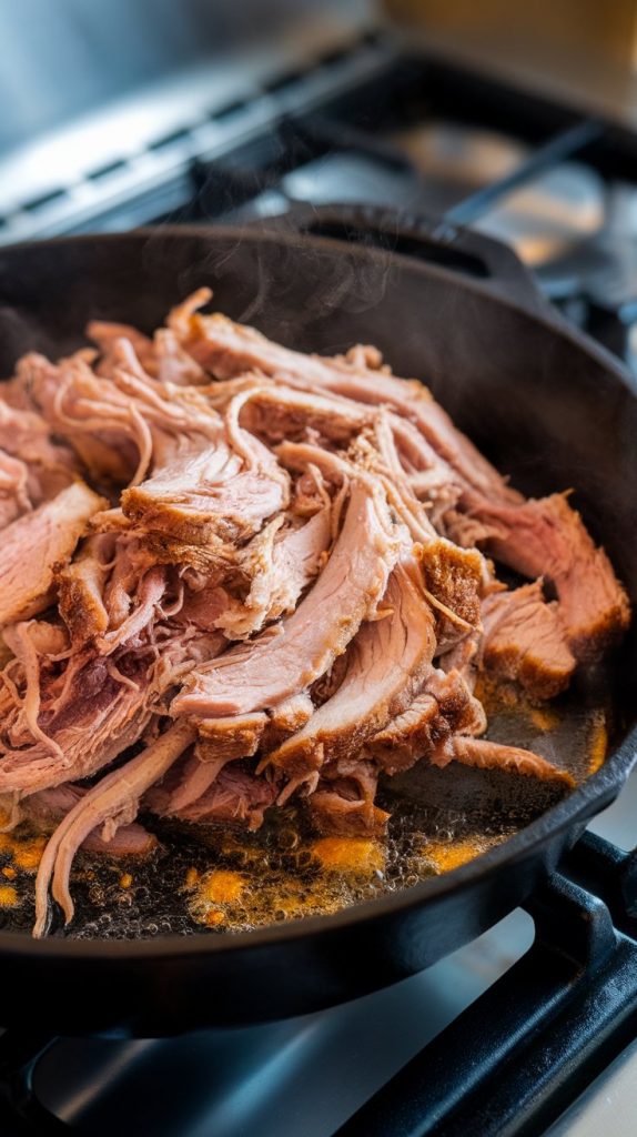 shredded pork sizzling in a cast iron skillet, edges crisping, steam rising, golden brown bits forming