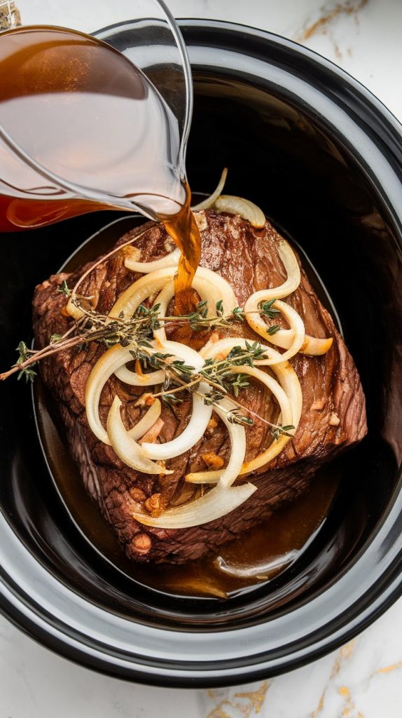 the seared chuck roast in the slow cooker, topped with golden caramelized onions, onion soup mix powder, fresh thyme sprigs, and a splash of broth being poured in