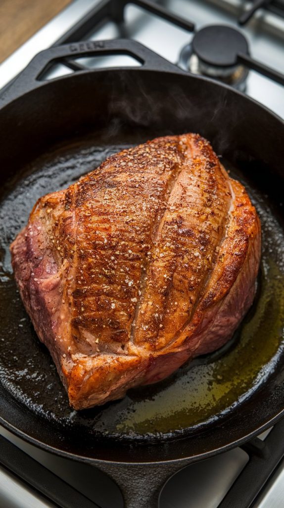 a browned 3–4 lb chuck roast in a cast iron skillet with sizzling olive oil and a golden crust forming, with salt and pepper visible on the meat