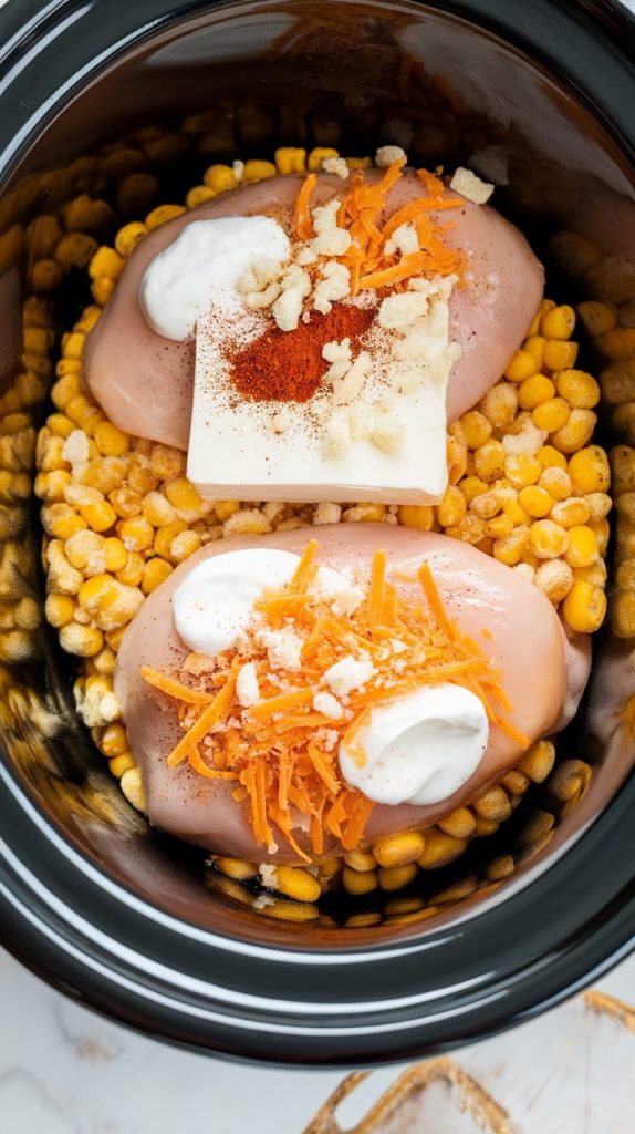 raw chicken breasts and frozen fire-roasted corn in a Crockpot, topped with chunks of cream cheese, dollops of mayo and sour cream, minced garlic, squeezed lime juice, and a sprinkle of chili powder