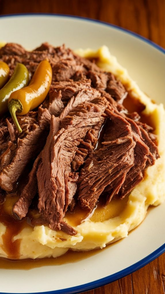 shredded Mississippi Pot Roast served on a bed of creamy mashed potatoes, topped with a drizzle of cooking juices and a few whole pepperoncini peppers