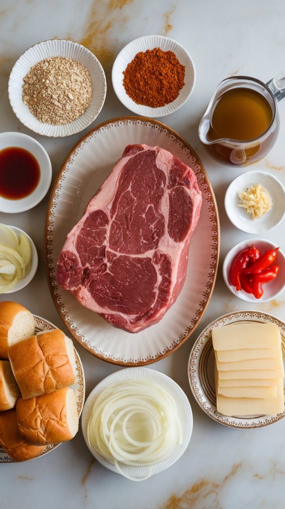 raw chuck roast (trimmed), packet of dry Italian dressing mix, packet of au jus gravy mix, Worcestershire sauce, beef broth in a measuring cup, minced garlic in a ramekin, thinly sliced yellow onion, hoagie rolls, provolone cheese slices, and a small bowl of banana peppers