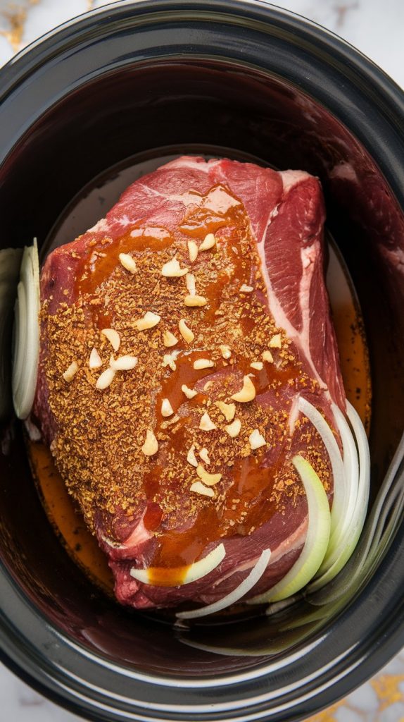 raw chuck roast rubbed with dry Italian dressing mix and au jus gravy mix, placed in a Crockpot with minced garlic scattered over the top