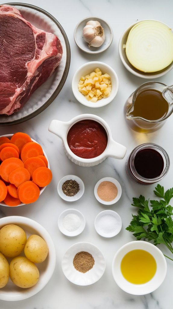 raw chuck roast (3–4 lbs), whole garlic cloves (some minced), sliced yellow onion, peeled and chopped carrots, halved baby potatoes, glass bowl of beef broth, tomato paste in a small white ramekin