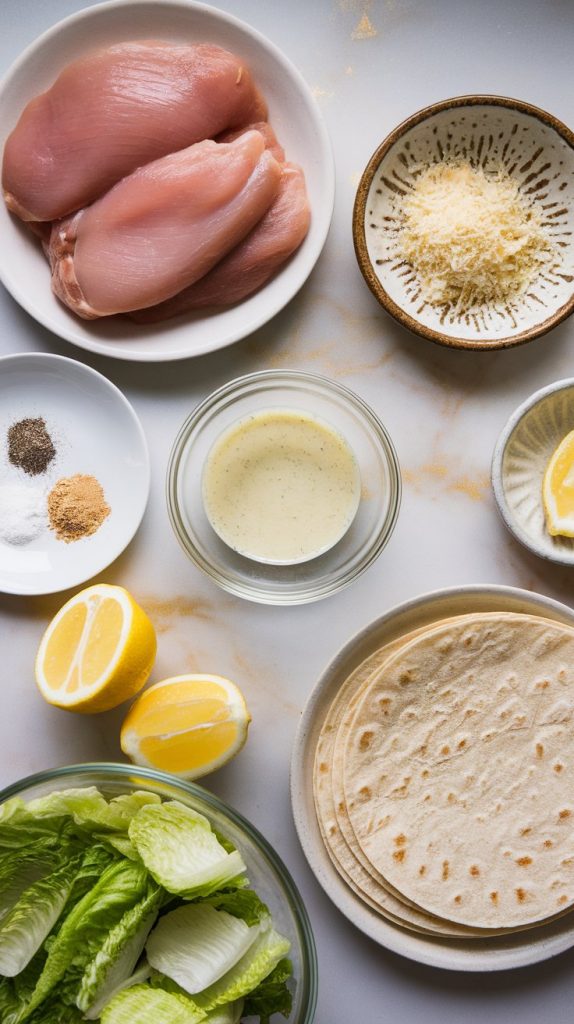 raw boneless skinless chicken breasts, Caesar dressing in a small glass bowl, grated Parmesan cheese, black pepper, garlic powder, onion powder in small prep bowls, lemon cut in half