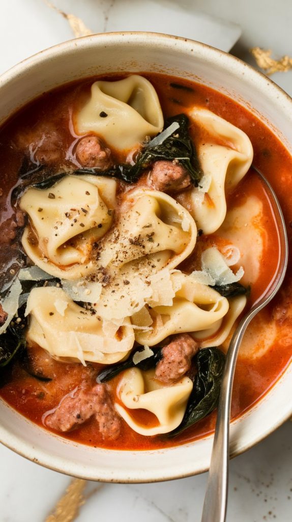 finished bowl of sausage tortellini soup, creamy broth glistening, parmesan melting on top, steam gently rising