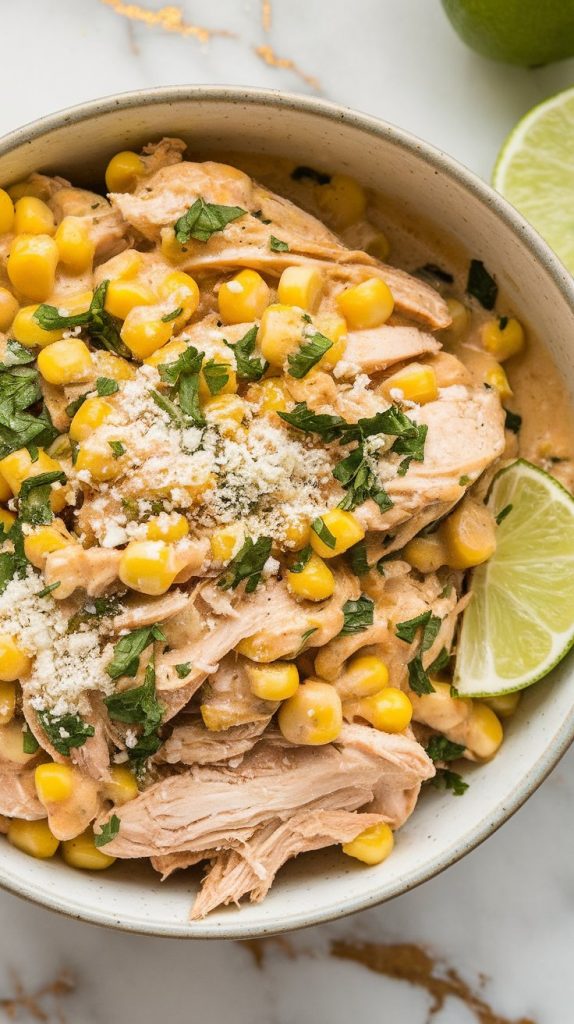 Crockpot Mexican Street Corn Chicken served in a shallow bowl, garnished with crumbled cotija cheese, lime wedges, and fresh cilantro