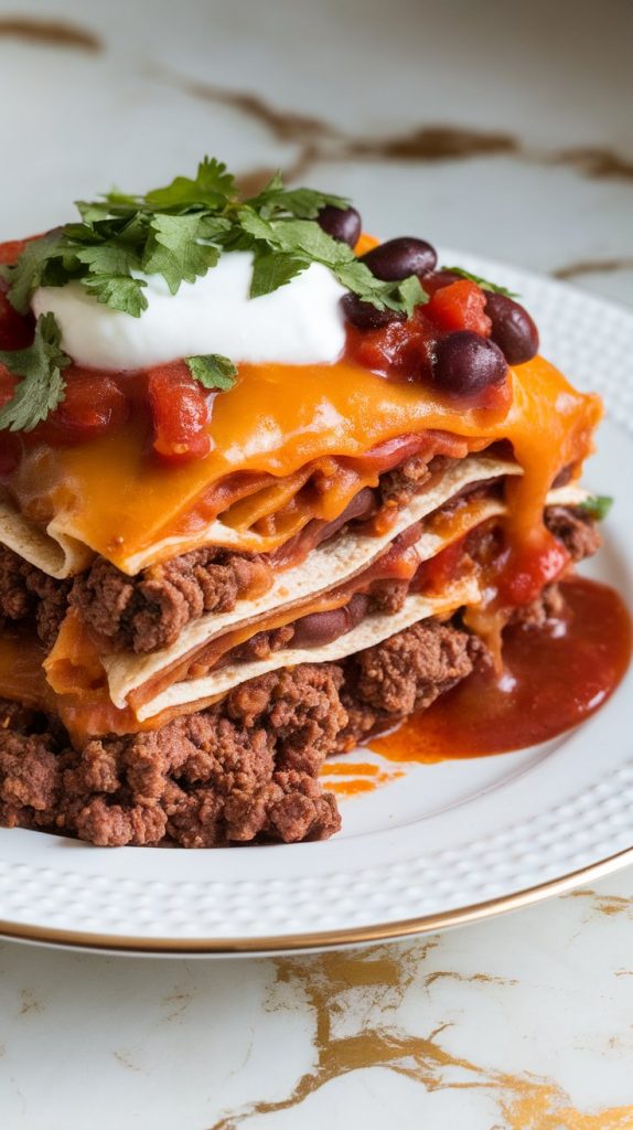 sliced crockpot Mexican lasagna, melty cheese on top, visible stacked layers of tortilla, beef, beans, and salsa, topped with fresh chopped cilantro and sour cream
