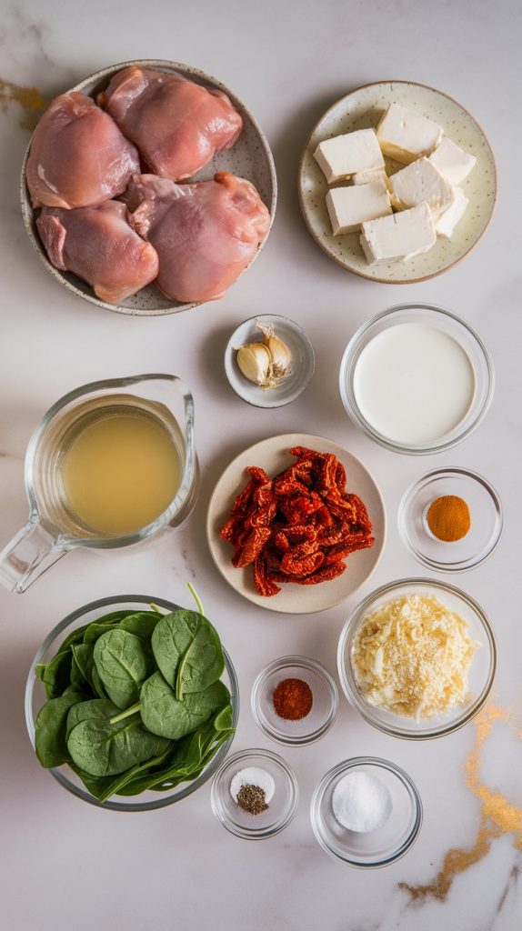 raw boneless skinless chicken thighs, cubed cream cheese, heavy cream in a small bowl, minced garlic, sliced sun-dried tomatoes, grated Parmesan cheese, fresh spinach leaves