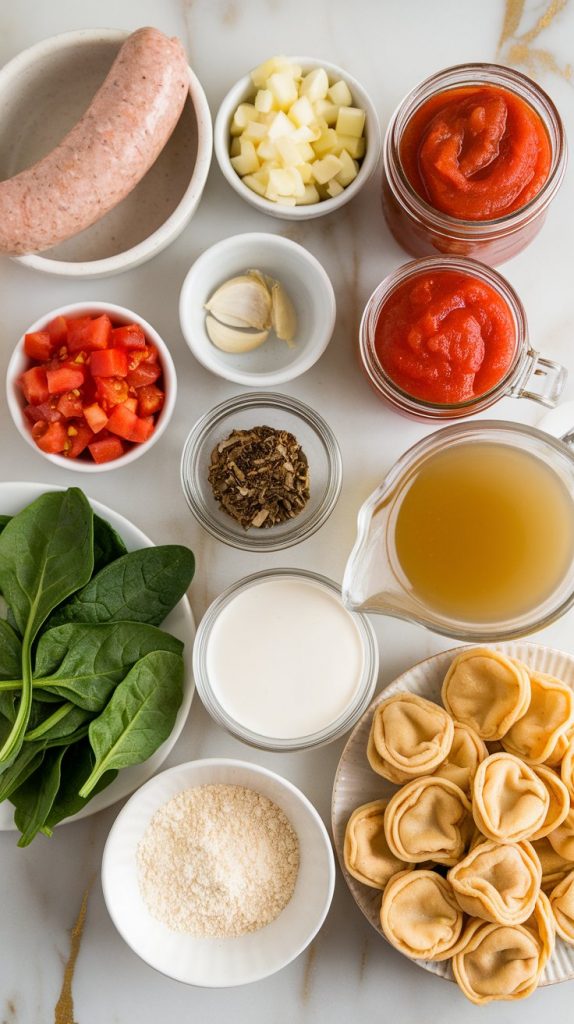 all ingredients for crockpot sausage tortellini soup