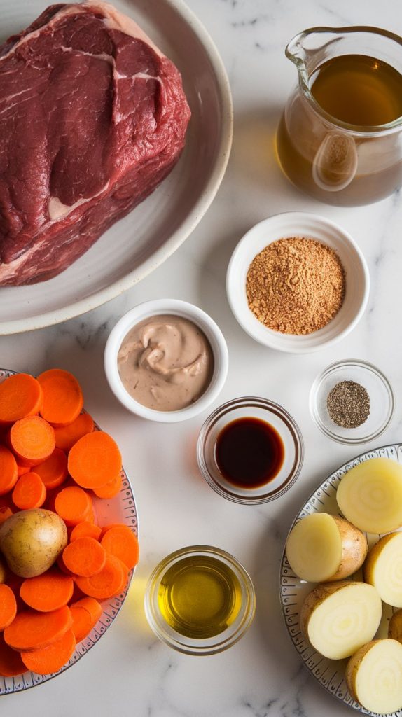 all ingredients for crockpot pot roast laid out on a white marble counter with hints of gold: raw 3-lb chuck roast, can of cream of mushroom soup, packet of dry onion soup mix, measuring cup of beef broth, minced garlic in a ramekin