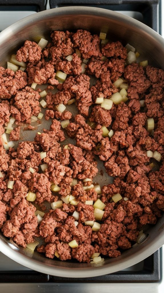 browned ground beef and softened diced yellow onion mixed in a skillet, little caramelized bits forming