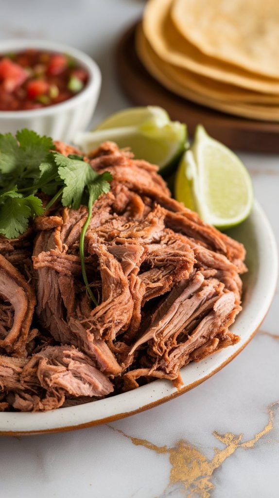 crispy shredded pork carnitas piled onto a white ceramic plate, garnished with fresh cilantro and lime wedges on the side, golden crispy edges visible on the pork