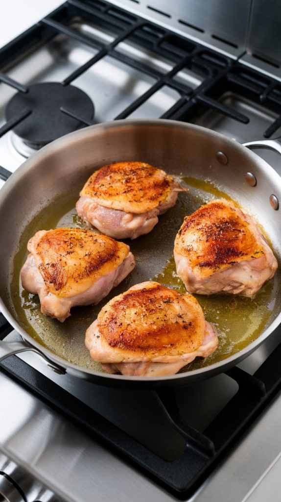 chicken thighs with crispy, golden-brown skin sizzling in a skillet