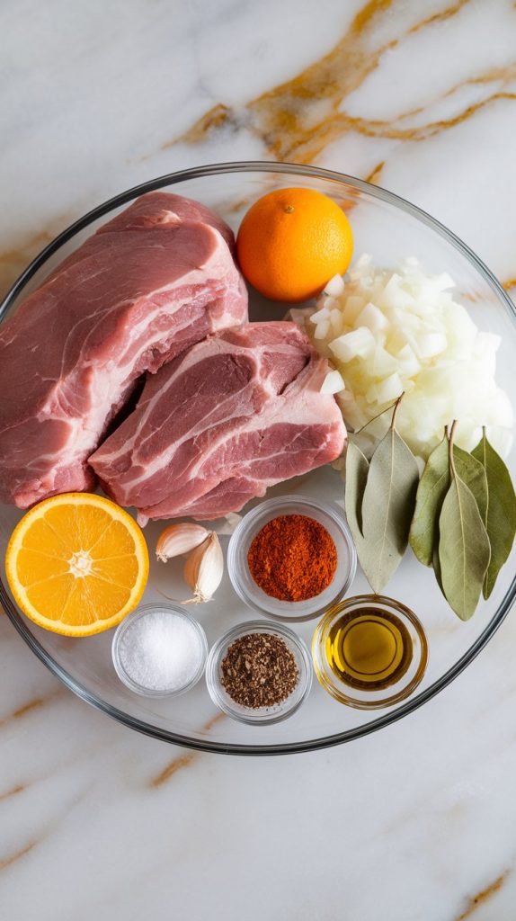 ingredients for slow cooker pork carnitas: raw pork shoulder chunks, small bowl of orange juice, diced onions, minced garlic, chili powder, ground cumin, smoked paprika, dried oregano, bay leaves, salt, pepper, and olive oil in small glass bowls