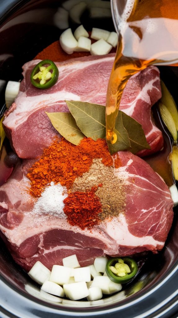 raw pork shoulder chunks in a slow cooker surrounded by diced onion, minced garlic, sliced jalapeño, and a mix of chili powder, cumin, smoked paprika, oregano, salt, and pepper