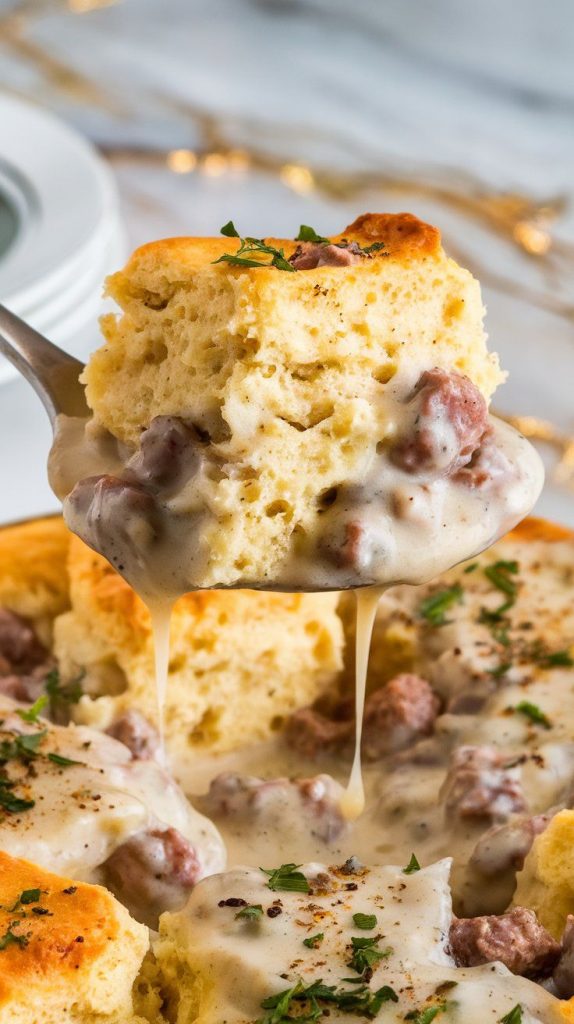 Crockpot Biscuits and Sausage Gravy Casserole