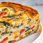 a thick slice of veggie frittata served on a white plate