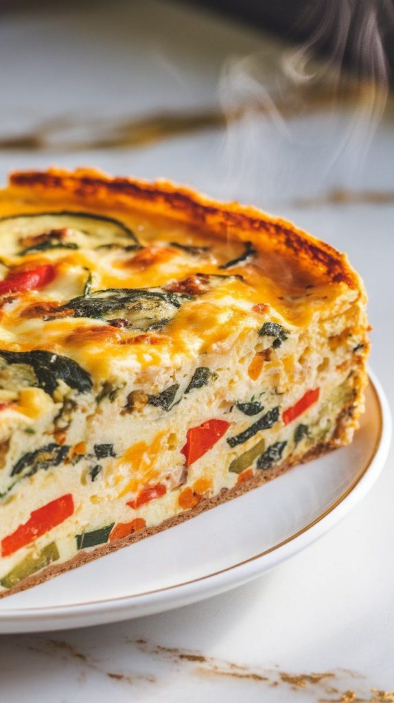 a thick slice of veggie frittata served on a white plate