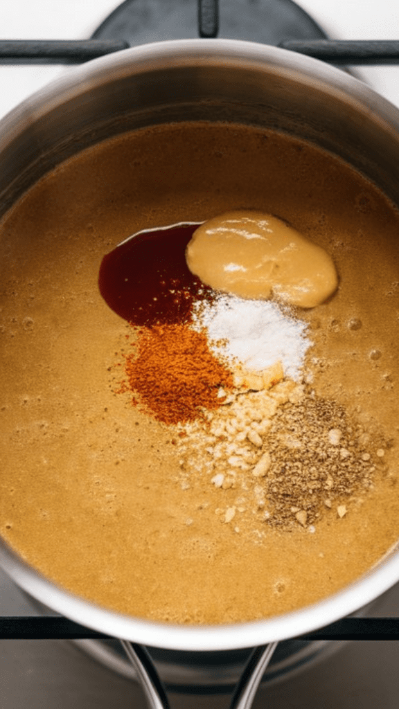 seasonings (Worcestershire, Dijon mustard, garlic and onion powder) being whisked into the gravy, with the mustard just dissolving into the sauce