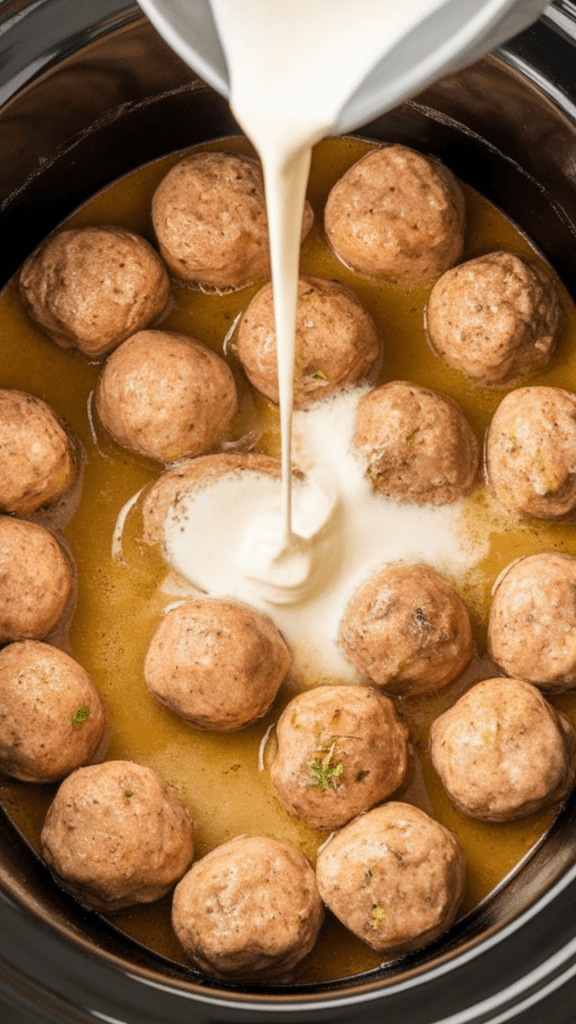 heavy cream being poured into hot meatball gravy, creating creamy swirls in the sauce as it's stirred in gently