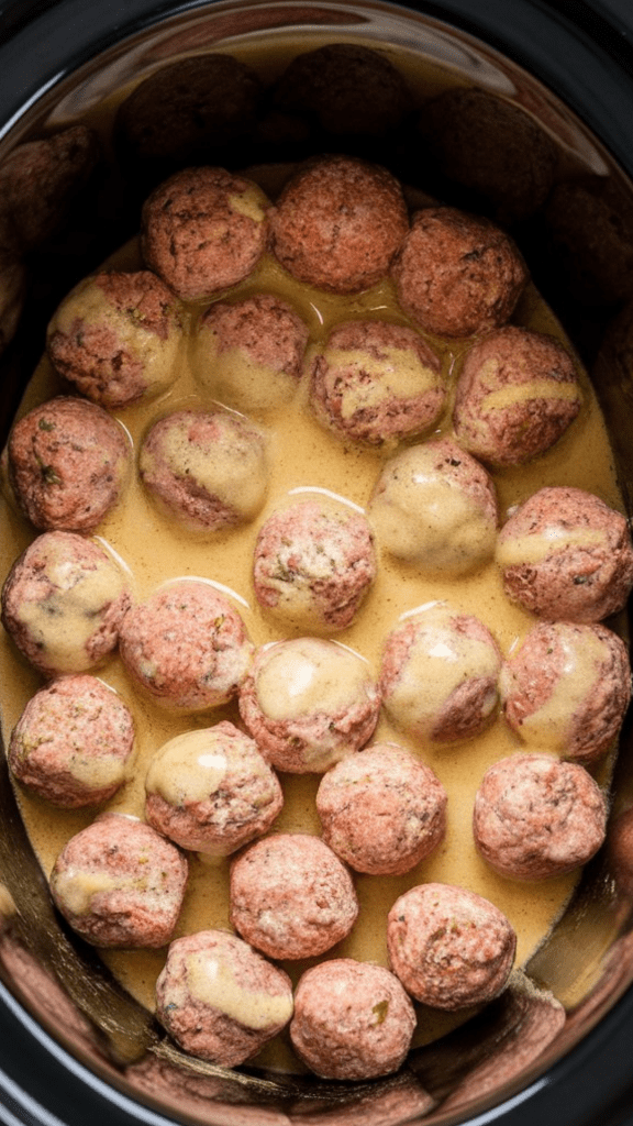 frozen meatballs being added to a crockpot, with creamy golden gravy being poured over them, coating each meatball