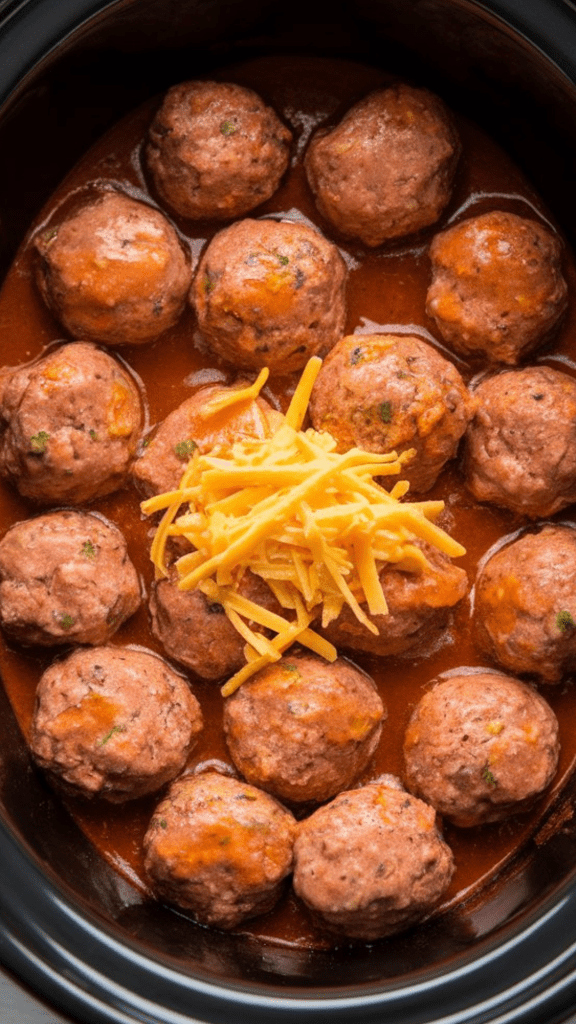 slow cooker turkey meatballs topped with freshly shredded cheddar cheese
