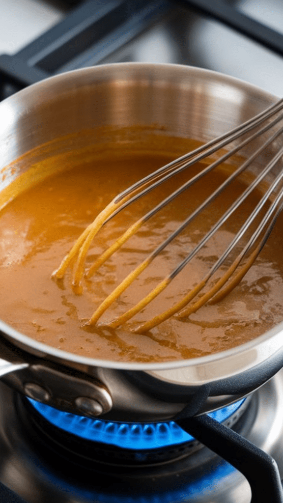 thick, golden beef broth gravy bubbling gently in a saucepan, with a whisk stirring through