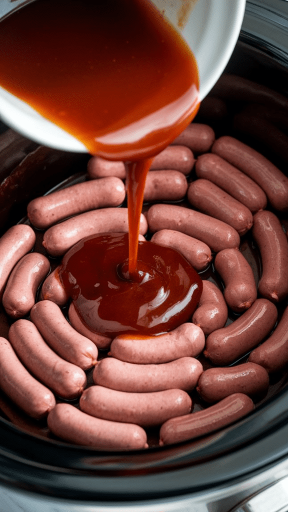 thick grape jelly and BBQ sauce mixture being poured over raw little smokies in the crockpot