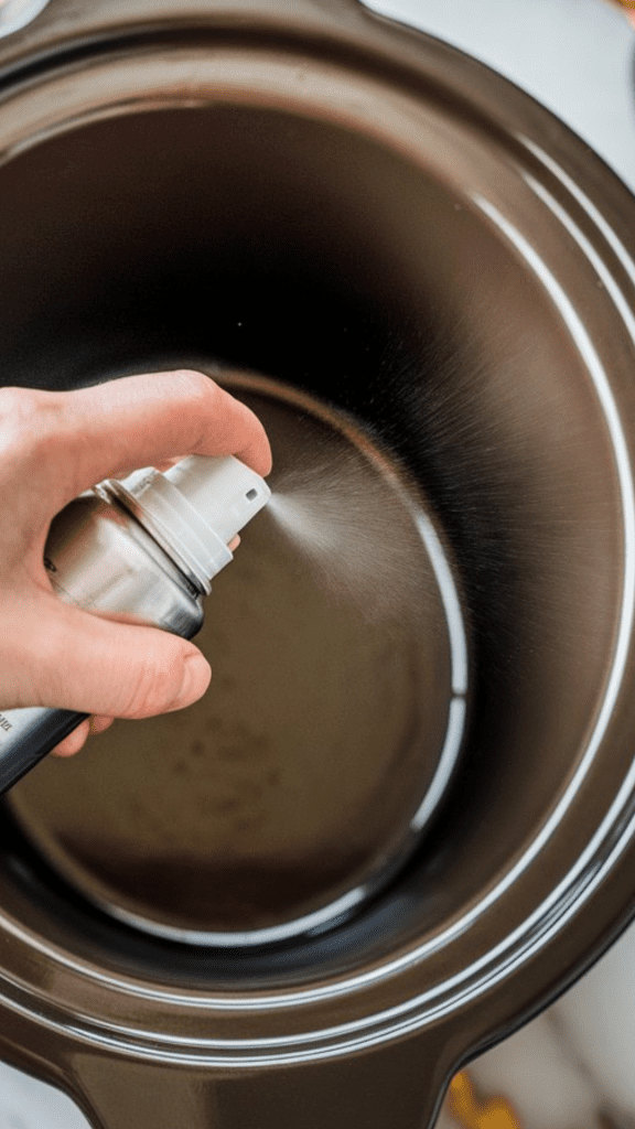 a hand spraying cooking spray inside a clean black crockpot insert