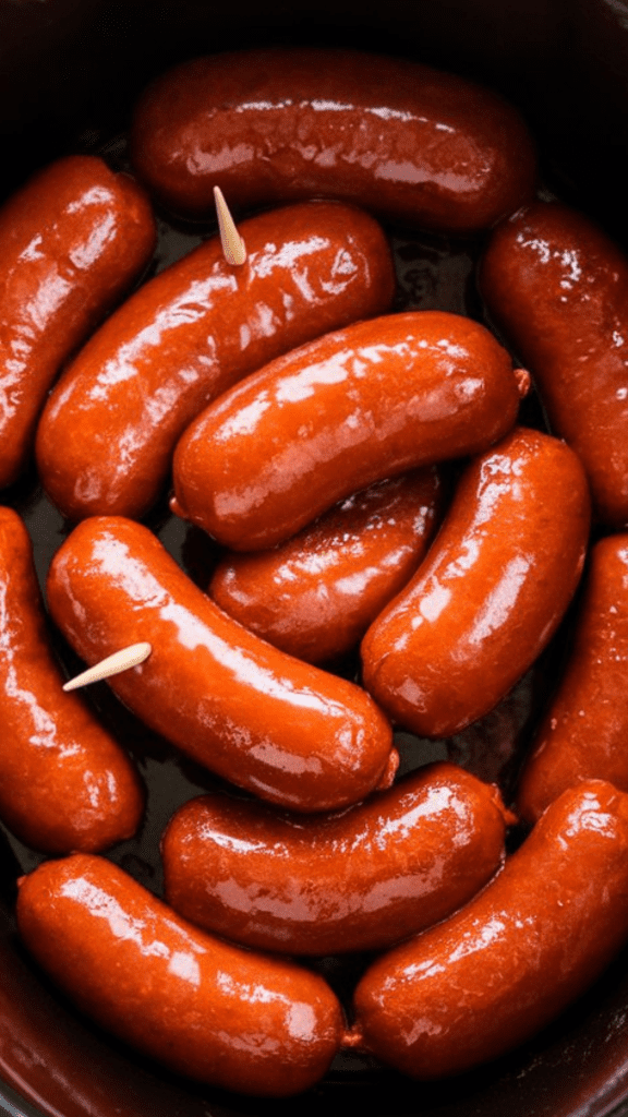 finished little smokies coated in thick glossy glaze, ready to serve with toothpicks in the crockpot