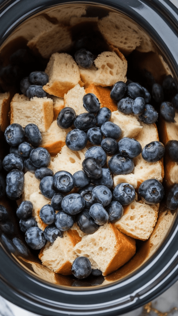 cubed brioche bread and fresh blueberries mixed together inside the buttered slow cooker insert