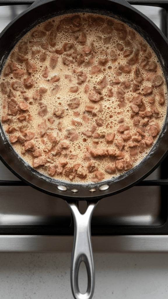 sausage gravy thickening in the skillet, flour fully absorbed, milk bubbling gently with flecks of black pepper