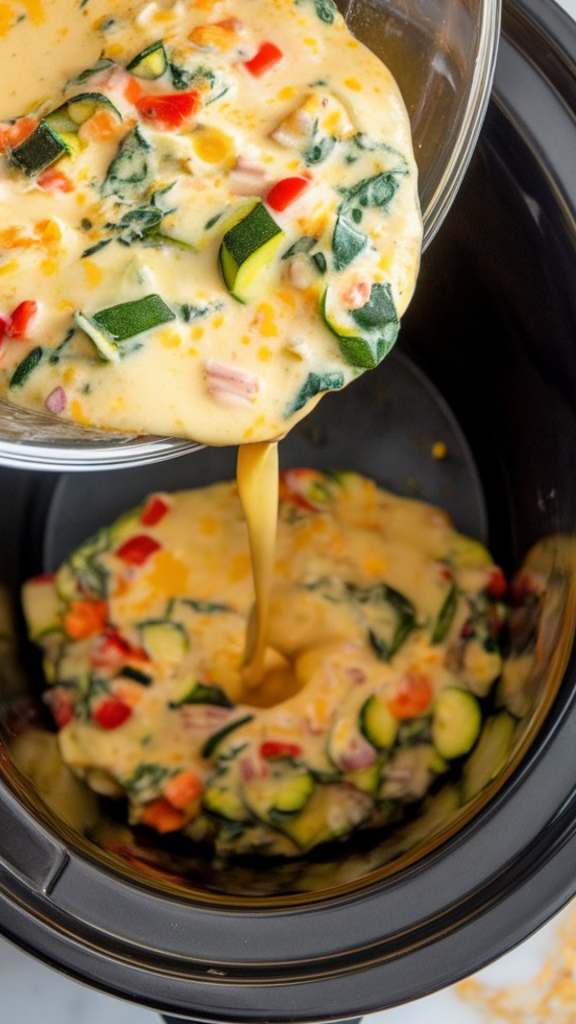 the colorful egg and veggie mixture being poured into the greased slow cooker insert