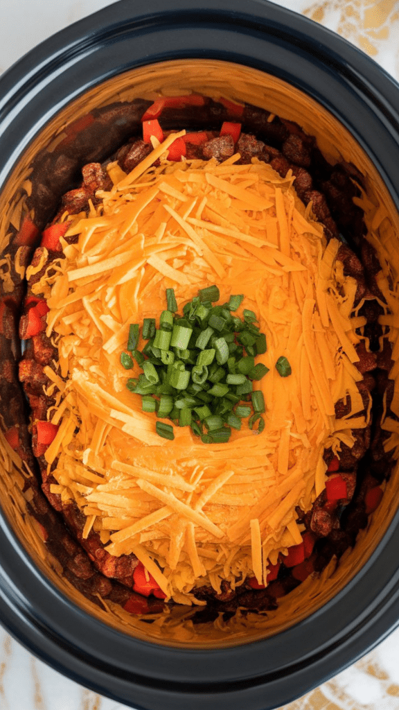the top layer inside a crockpot after layering ingredients: a generous layer of shredded cheddar cheese with a sprinkle of freshly chopped green onions on top