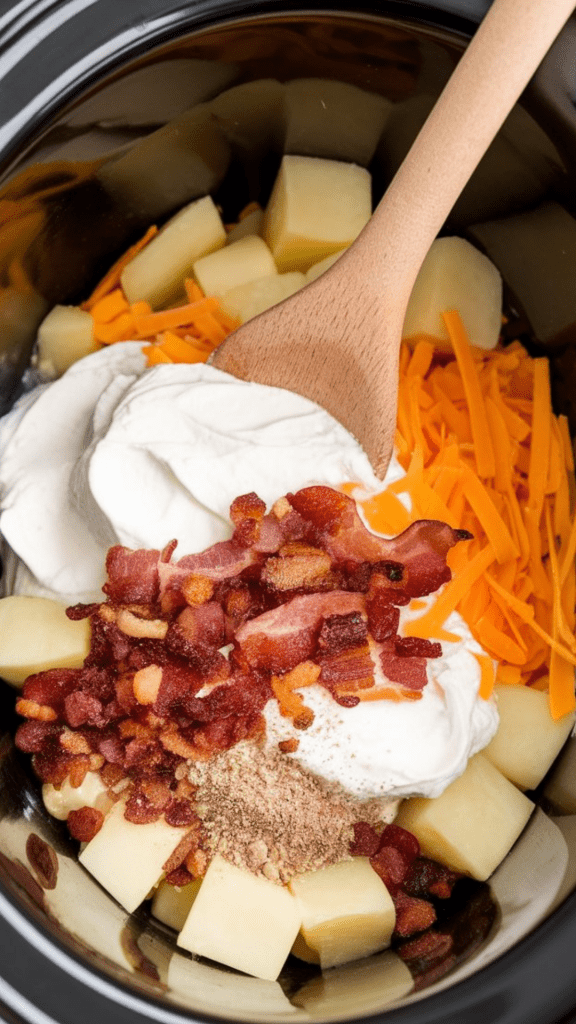 crockpot filled with softened cream cheese, sour cream, shredded cheddar cheese, diced cooked potatoes, crumbled bacon (mostly added with some reserved), garlic powder, onion powder, salt, and pepper