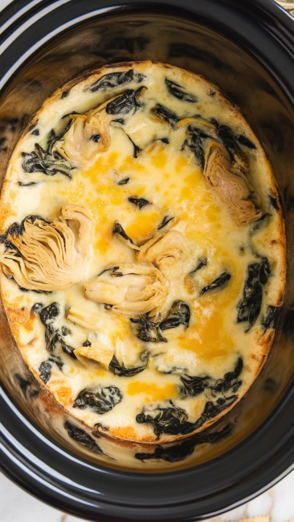 a creamy, smooth spinach artichoke dip being stirred gently with a spoon, steam rising slightly, mixture thick and gooey with cheese strands pulling