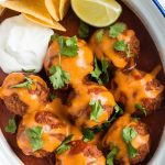 turkey enchilada meatballs served on a white ceramic plate