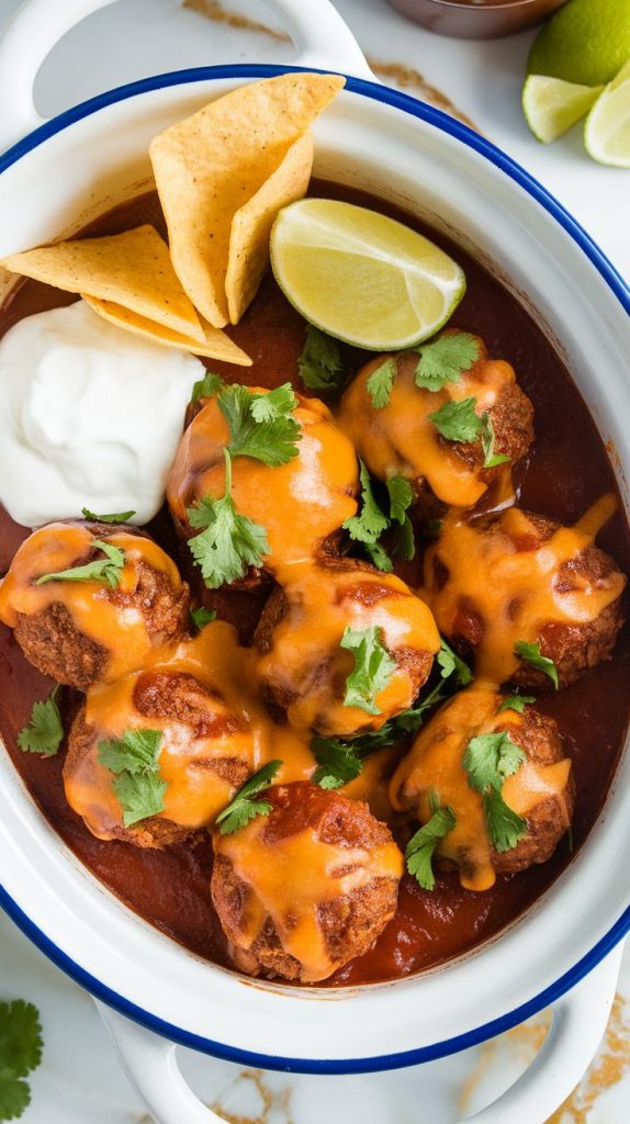 turkey enchilada meatballs served on a white ceramic plate