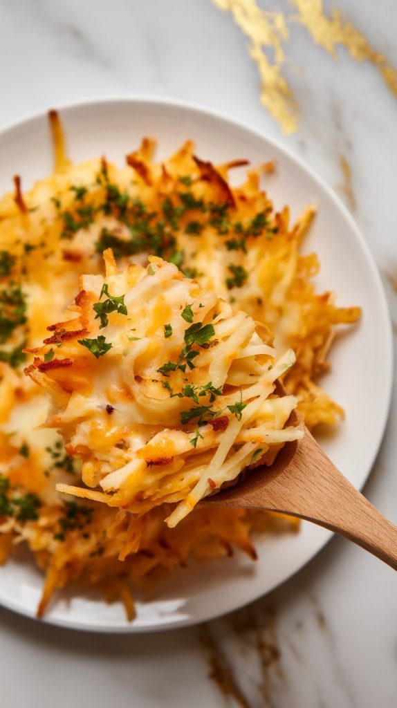 cooked cheesy hashbrowns being stirred with a wooden spoon, melted cheese stretching slightly, then garnished with chopped parsley