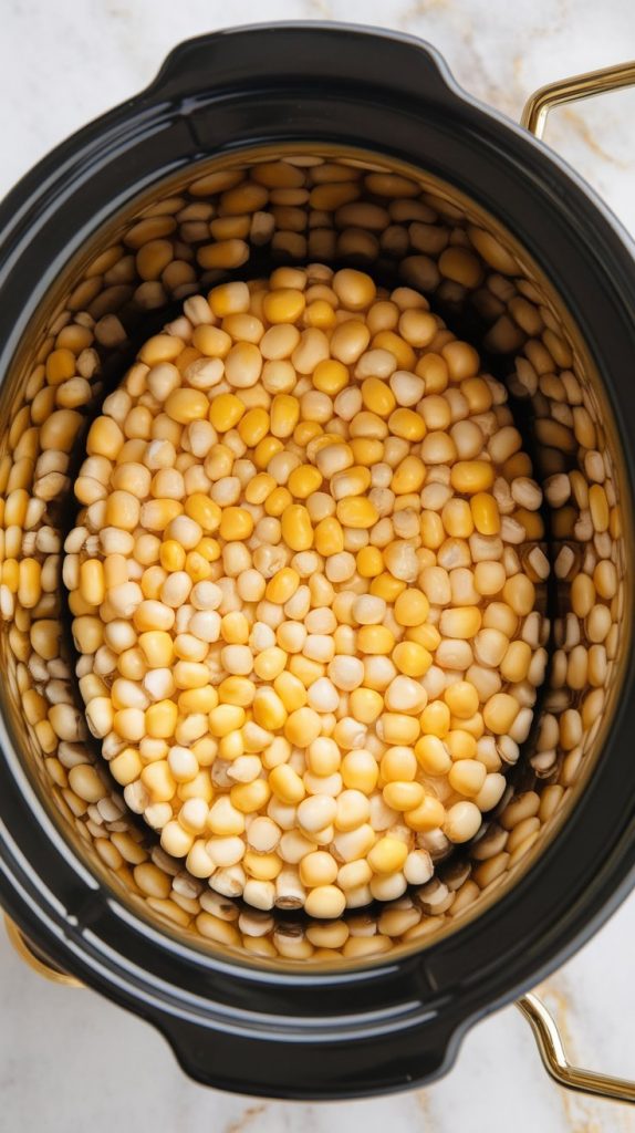 two cans of sweet corn, fully drained, being poured into a white Crockpot insert