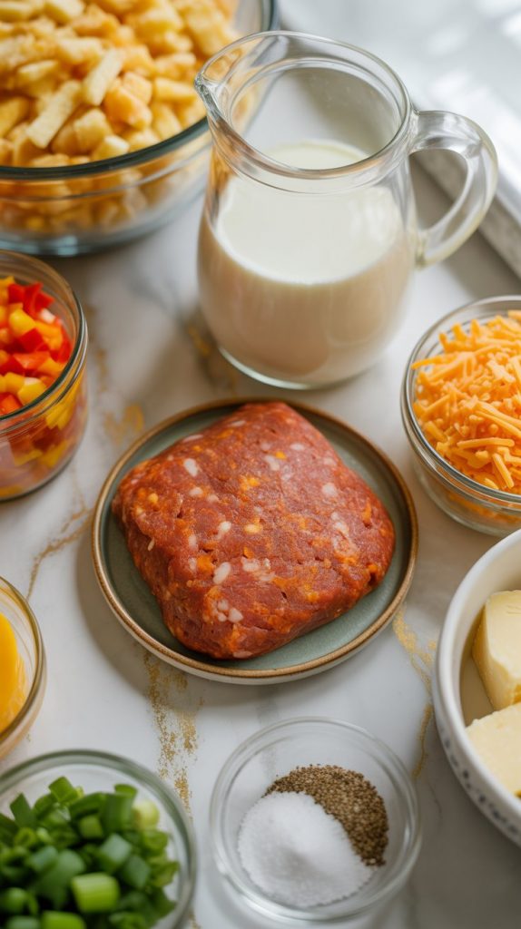raw ground chorizo, frozen shredded hash browns, whole eggs, a cup of milk, shredded cheddar cheese, diced red and green bell peppers, chopped green onions, salt and pepper