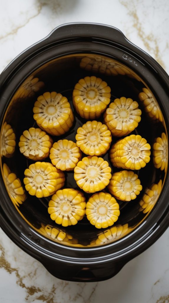 12 halved corn pieces now layered snugly inside a black slow cooker, with their freshly cut ends and bright yellow kernels clearly visible